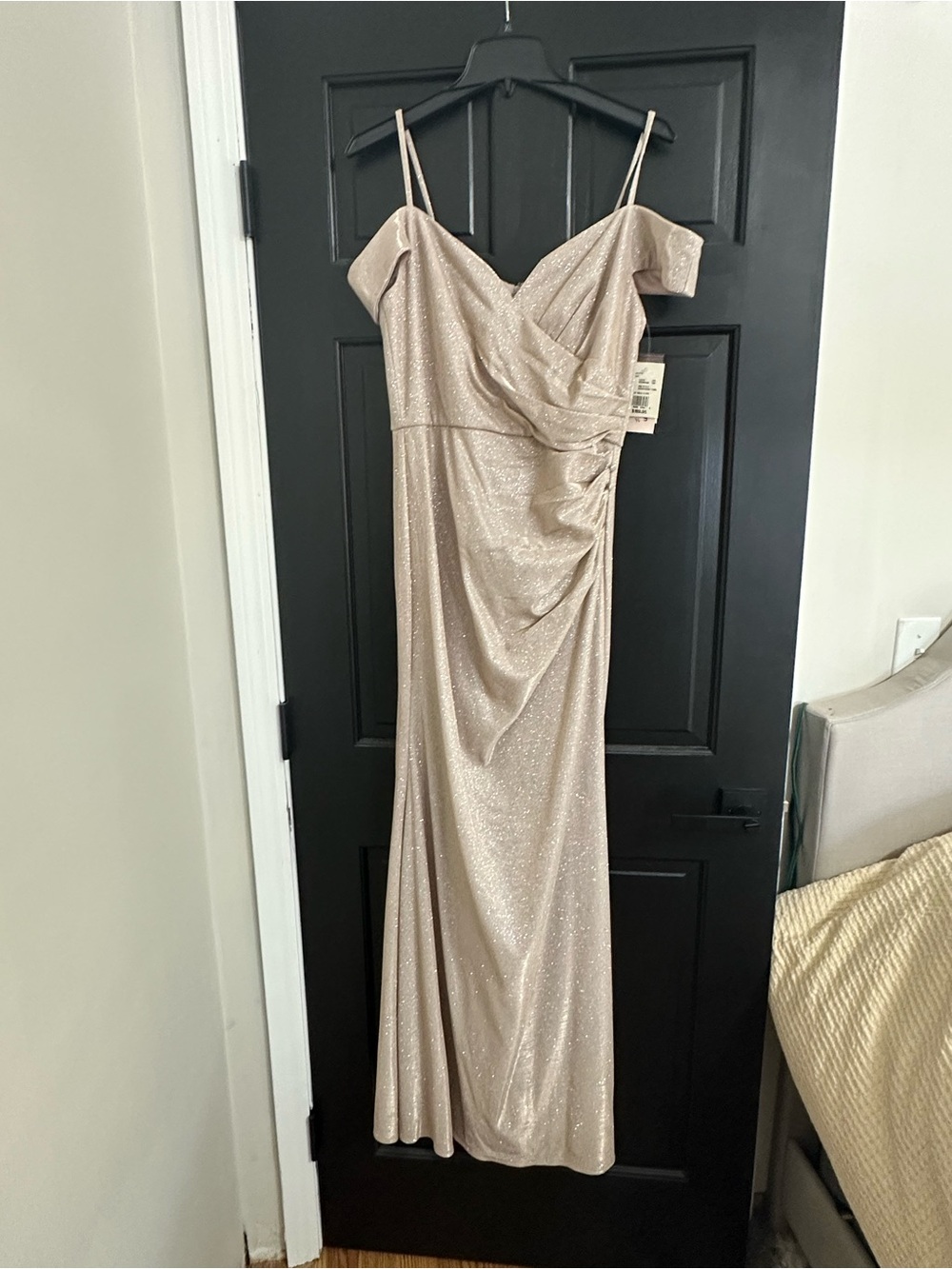 Oleg Cassini Sparkling Nude Off-Shoulder Gown